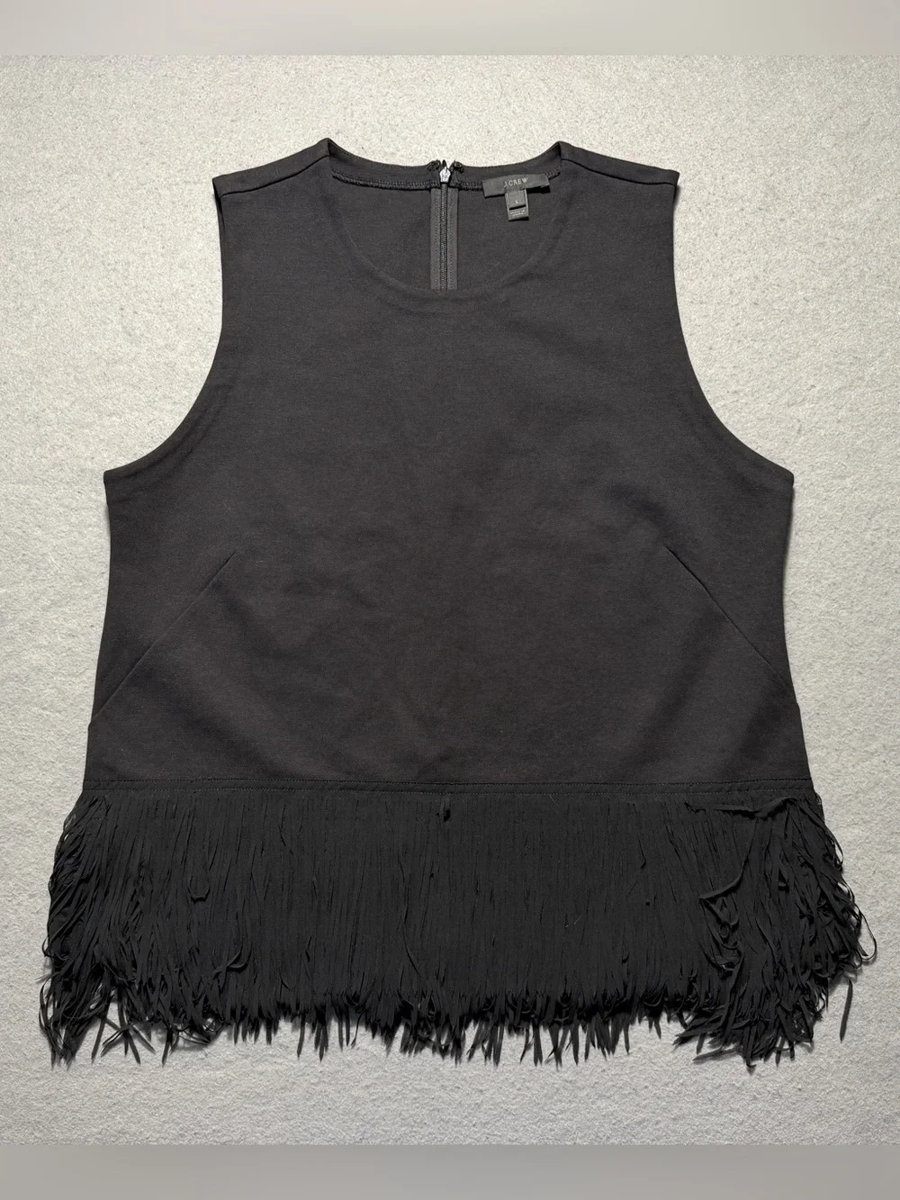 J.Crew Women’s Large Black Sleeveless Fringe Hem Top Back Zip Stretch